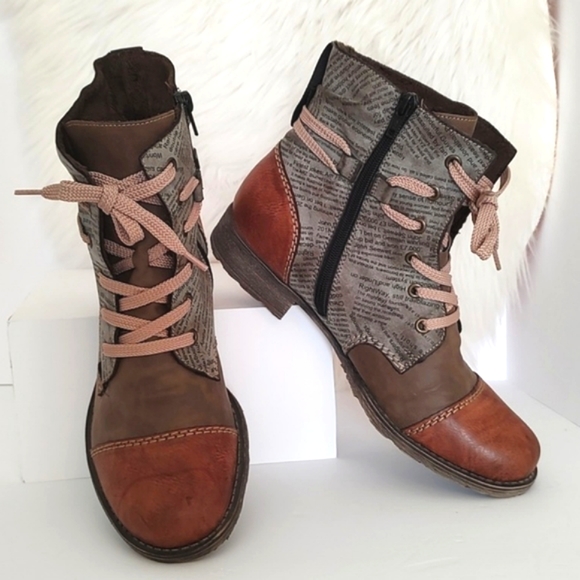 Rieker Shoes - Rieker Womens Ankle Boot/Faux Lace /Zip Side/ News Print Tonal Brown/ Size 40/ 9